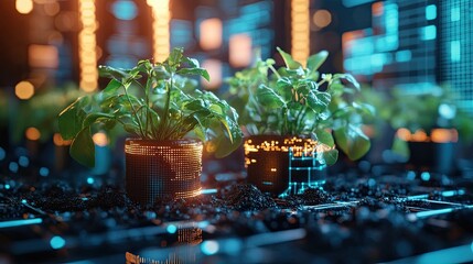 Futuristic digital landscape growing plants AI-driven agriculture represented by dynamic icons data graphs tech interfaces symbolizing innovation modern farming practices sustainability