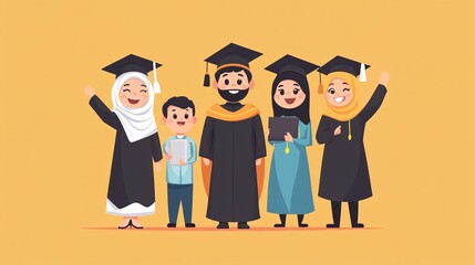 A joyful group of graduates in caps and gowns, celebrating their achievements with smiles against a warm yellow background.
