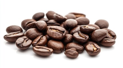 Fototapeta premium assorted roasted coffee beans on white background showcasing rich texture and color ideal for coffee industry and culinary themes
