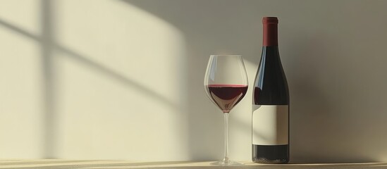 Red wine bottle and glass elegantly displayed with soft light creating a warm and inviting atmosphere for wine enthusiasts and connoisseurs
