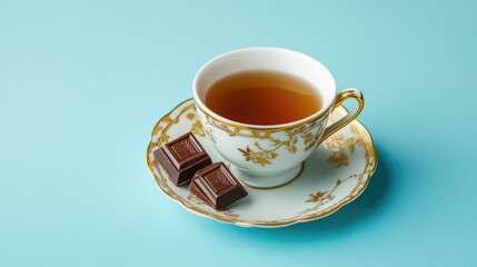 Elegant gold and white porcelain tea cup with saucer and artisan chocolate on serene blue background for refined tea moments