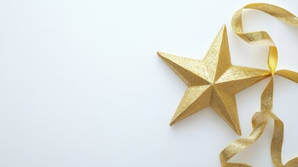 Glittering gold Christmas star adorned with elegant ribbons on a clean white background for festive decoration concepts
