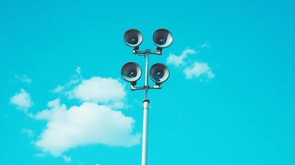 A tall speaker system set against a bright blue sky with fluffy white clouds, creating a vivid and cheerful atmosphere.