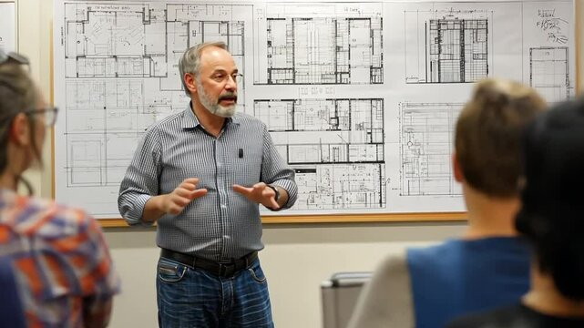 Passionate Architect: A seasoned architect captivates his students with his expertise, pointing out key details on a blueprint displayed in a workshop setting.