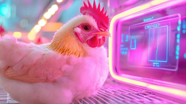 Animal feed business poultry concept. Automated chicken coop, neon-lit holographic controls, sustainable futuristic farm design