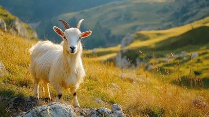 Fototapeta premium White goat grazing in a sunny grassy meadow with hills in the background during summer season