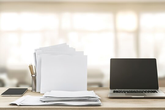 stock photo of business desk with papers laptop and phone minimalist workspace with room for copy text