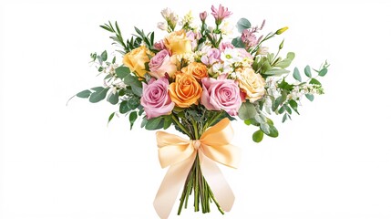 Fototapeta premium A vibrant bouquet of mixed flowers featuring soft pink and yellow roses, elegantly wrapped with a ribbon.