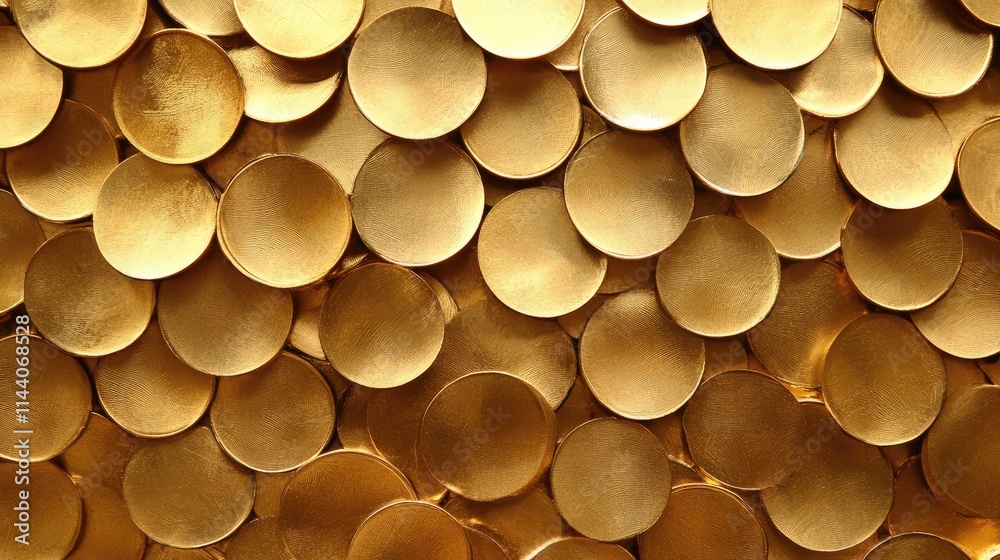 Poster golden circular discs arranged in a textured pattern creating an abstract background for creative de