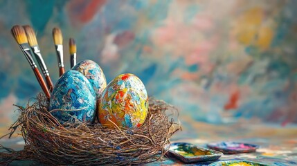 Handcrafted Easter eggs in a nest with paintbrushes and colorful paints on an artistic background for spring celebrations and creativity.