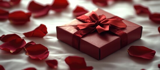 Elegant gift box with a red bow surrounded by colorful rose petals on a white table setting for special occasions and celebrations.