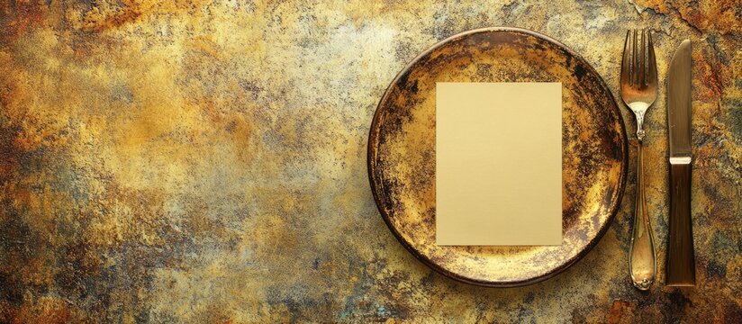 Elegant gold place setting with blank menu card on textured grunge background ideal for fine dining and event invitations.