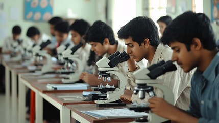 Young South Asian males focused on their experiments with microscopes in a bright classroom setting.