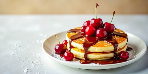 Delicious Buttery Pancakes Topped with Cherries and Chocolate Sauce on a Plate