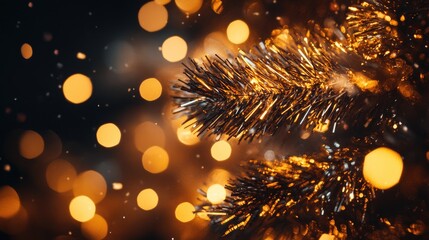 Fototapeta premium Gold tinsel and sparkles creating a festive macro blur background ideal for holiday-themed designs and seasonal decorations