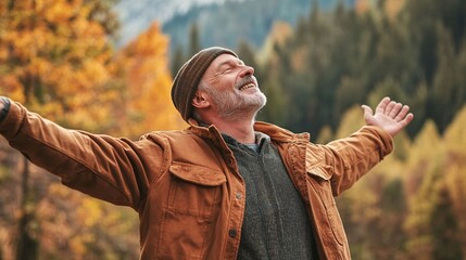 Obraz premium Smiling Caucasian man in warm jacket, embracing nature in a vibrant autumn landscape.