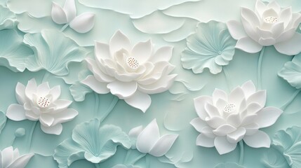 3D embossed white lotus flowers on teal background.