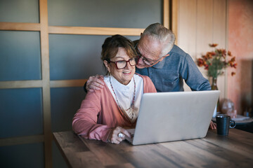 Elderly couple enjoying time together using a laptop