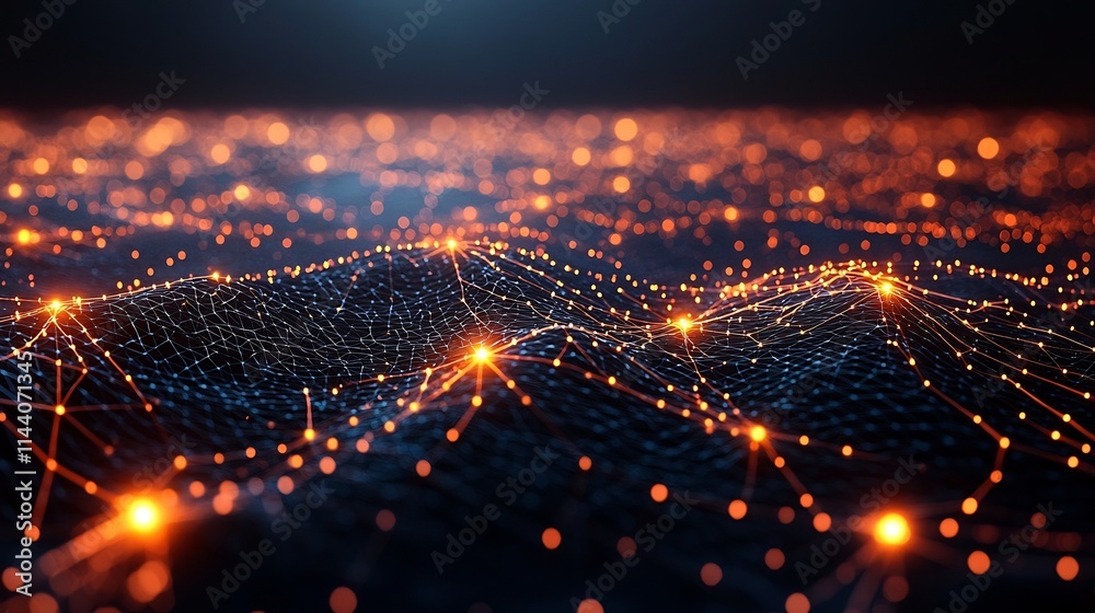 Poster vibrant glow of a dynamic hi tech mesh network with luminescent nodes in motion showcasing the inter
