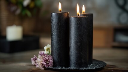 Decorative handmade black paraffin candles for rituals and space cleansing on a rustic wooden surface with flowers