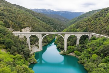 A bridge spans a river with a blue color