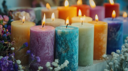 Colorful handmade wax candles with flames surrounded by delicate flowers creating a warm and inviting ambiance.