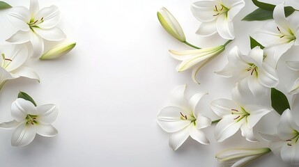 Fototapeta premium White lilies on a white background, top view. Space for text or message. Banner with space to add your own copy and text in a cursive font. Design concept for a funeral card