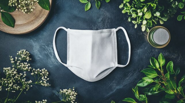 Handmade cotton face mask designed for protection against dust and viruses surrounded by greenery and natural elements top view