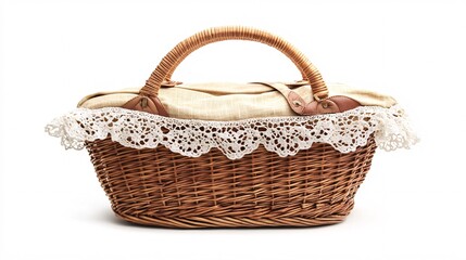 Fototapeta premium Stylish wicker picnic basket with lace detailing, perfect for outdoor gatherings.