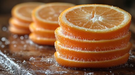 Juicy orange slices stacked on wooden board.