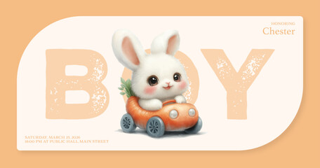 Obraz premium Playful Baby Shower Invitation Featuring Bunny in Carrot Car with Whimsical Design for Baby Boy, Baby Shower Invitation Card