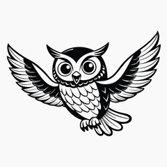 Obraz premium Black silhouette owls wild forest birds, flat vector illustration isolated on white background.