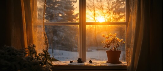 Cozy window view of a golden sunset illuminating a tranquil winter scene with flowers and warm light streaming through the glass