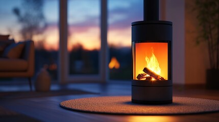 Burning fireplace, warm living room interior, front view.