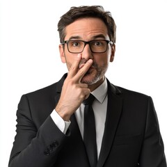 Confident Businessman in Suit Making Gesture of Silence with Finger on Lips in Studio Setting