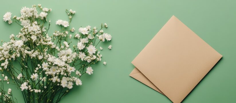 Handmade congratulatory cards displayed with flowers on a soft green background creating a cheerful and inviting atmosphere.