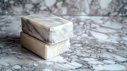 Fototapeta premium Minimalist soap bars on a marble surface with soft shadows