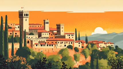 Obraz premium Tuscan Hilltop Town at Sunset: A Vibrant Illustration. AI Generated