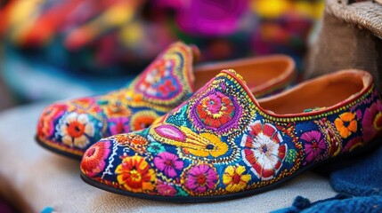 Colorful handcrafted traditional footwear showcasing vibrant embroidery and cultural artistry in a beautifully detailed design