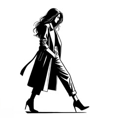 Isolated black and white vector illustration of a young woman in a fashionable long coat walking and thinking about something on a white background.