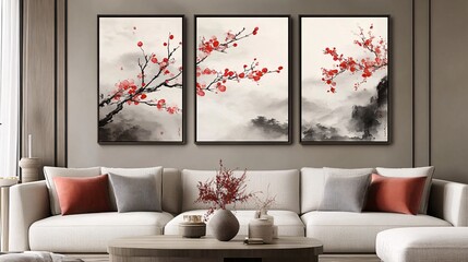 A serene living room with elegant cherry blossom artwork and a cozy beige sofa.