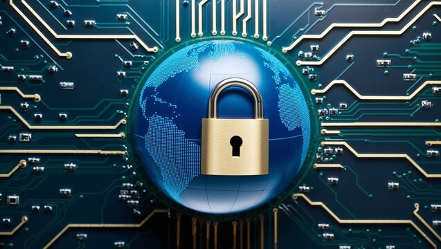 Globe with Digital Padlock Over Circuit Board, Representing Global Cybersecurity, Data Protection, and Secure Digital Networks in the Modern Tech Era