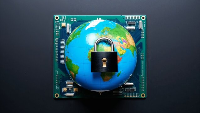 Globe with Digital Padlock Over Circuit Board, Representing Global Cybersecurity, Data Protection, and Secure Digital Networks in the Modern Tech Era