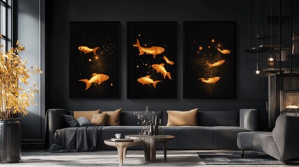 A serene living room featuring abstract goldfish artwork in a modern setting.