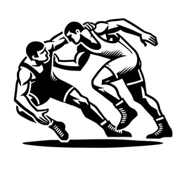 Fototapeta premium Isolated black and white vector illustration of two wrestlers competing against each other on a white background.