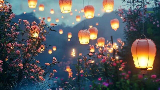 Ethereal spring festival with glowing lanterns floating quality