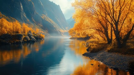 Serene Golden Autumn Reflections Along a Tranquil River Surrounded by Majestic Mountains and Lush Amber Foliage