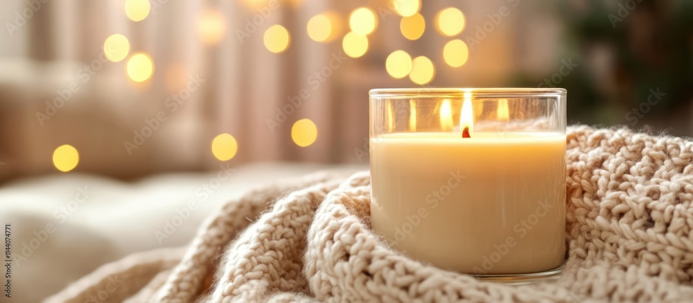 Aufkleber cozy handmade natural wax candle with wooden wick illuminated beside a soft knitted blanket creating