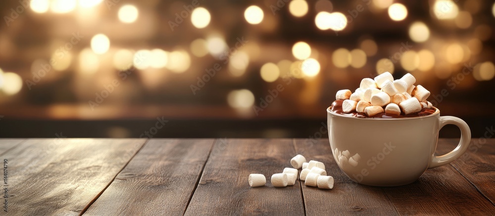 Poster Cozy hot chocolate topped with marshmallows on a rustic wooden table with a warm bokeh background for seasonal festive vibes