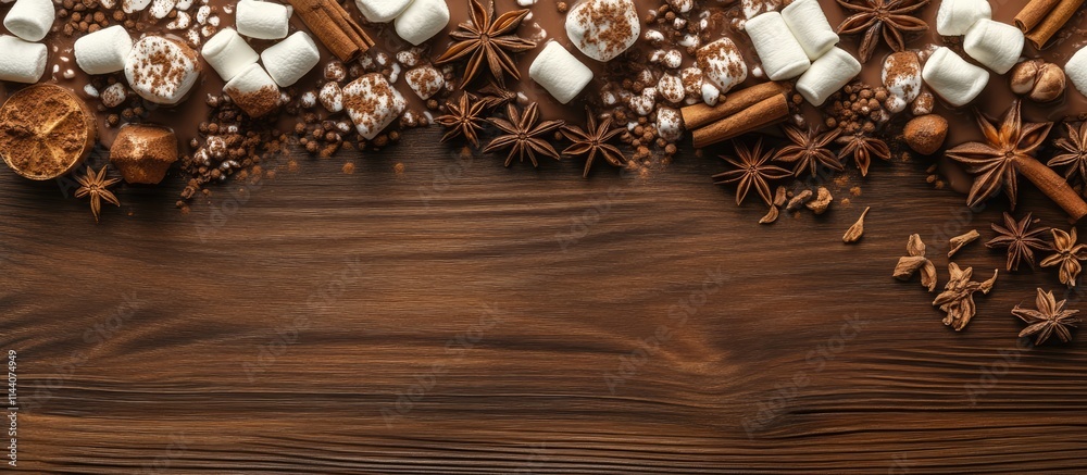 Poster Cozy hot chocolate arrayed with marshmallows and spices on a rustic wooden background inviting comfort and warmth during winter months